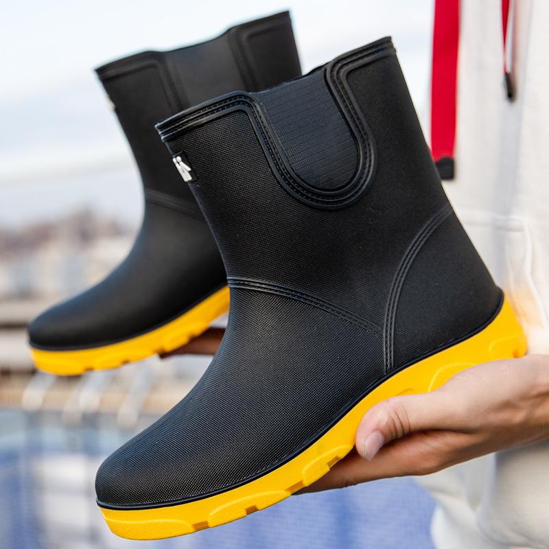 Unisex Mid-Calf Waterproof Rain Boots: Non-Slip, Wear-Resistant Rubber Shoes for Outdoor, Kitchen, Car Wash & Sports. Pull-On Style.