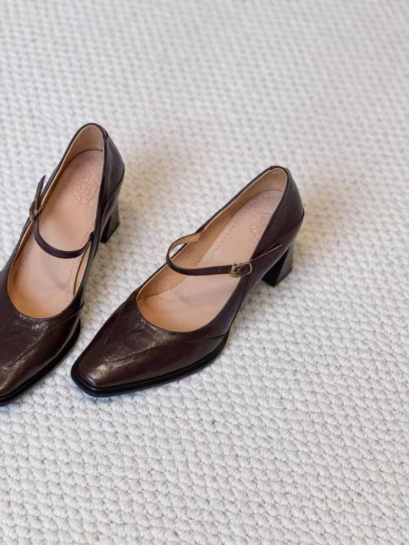 

Женские туфли Мэри Джейн с острым носком 2025 года на толстом каблуке, элегантные и универсальные, темпераментные, коричневые 40