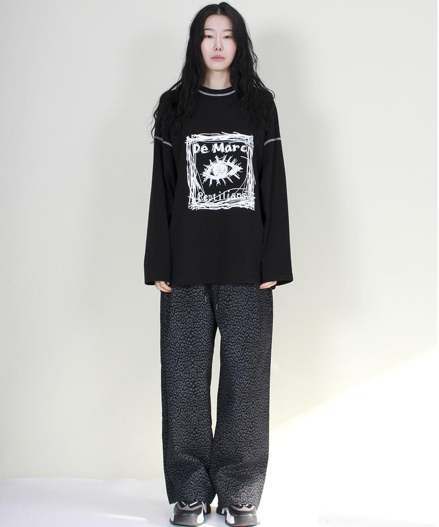 Deumakeu Side Single-Pleat Leopard Real Wide Pants Black