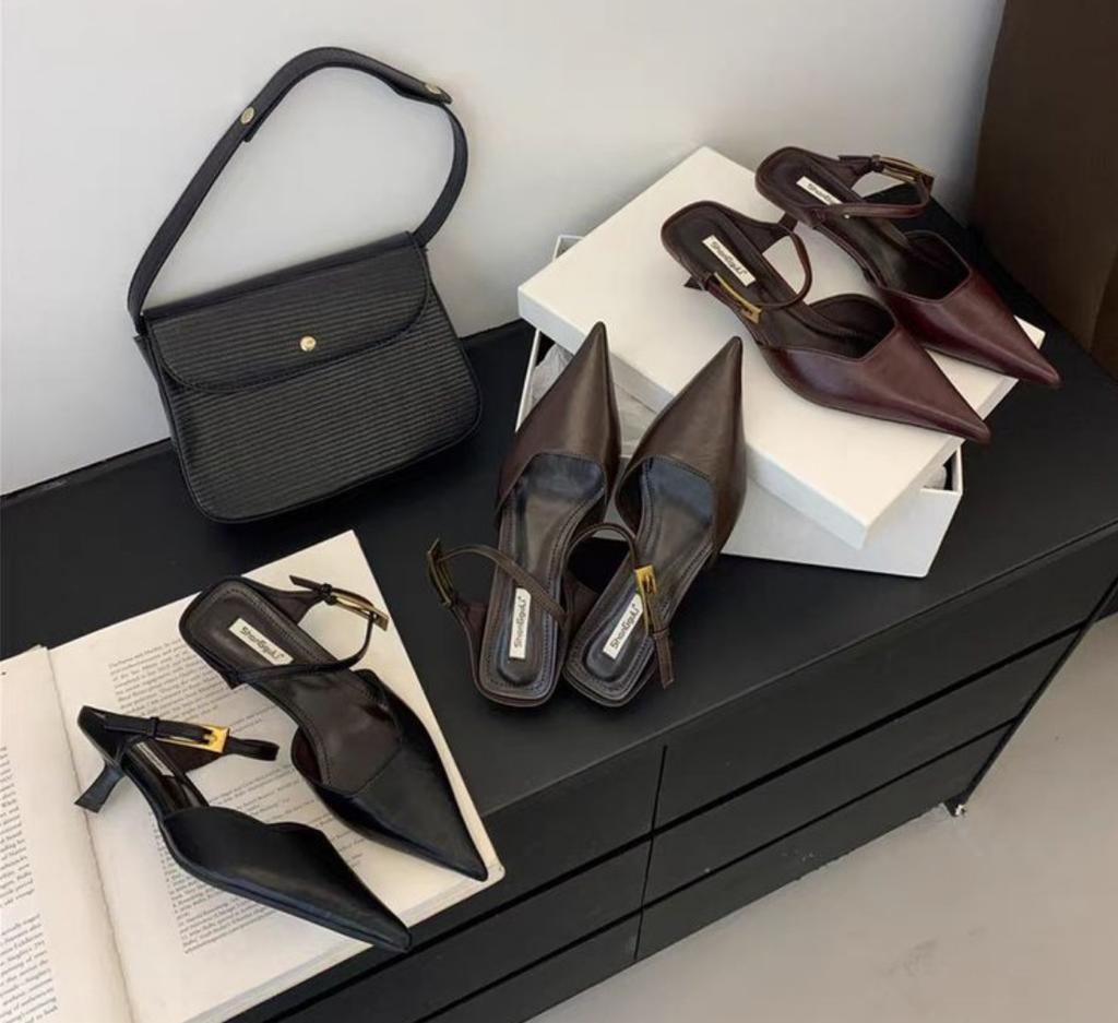 Retro Street Style Design Dünne Hohe Absätze Spitze Zehen Frauen Pumps Schnallenriemen Bankett Party Slingbacks Weibliche Mules Schuhe