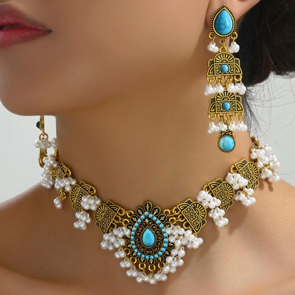 2025 New Design Vintage Ethic Style  Necklace Earring  Sets  Pearl Water Drop Shaped Tassel Bridal Sets