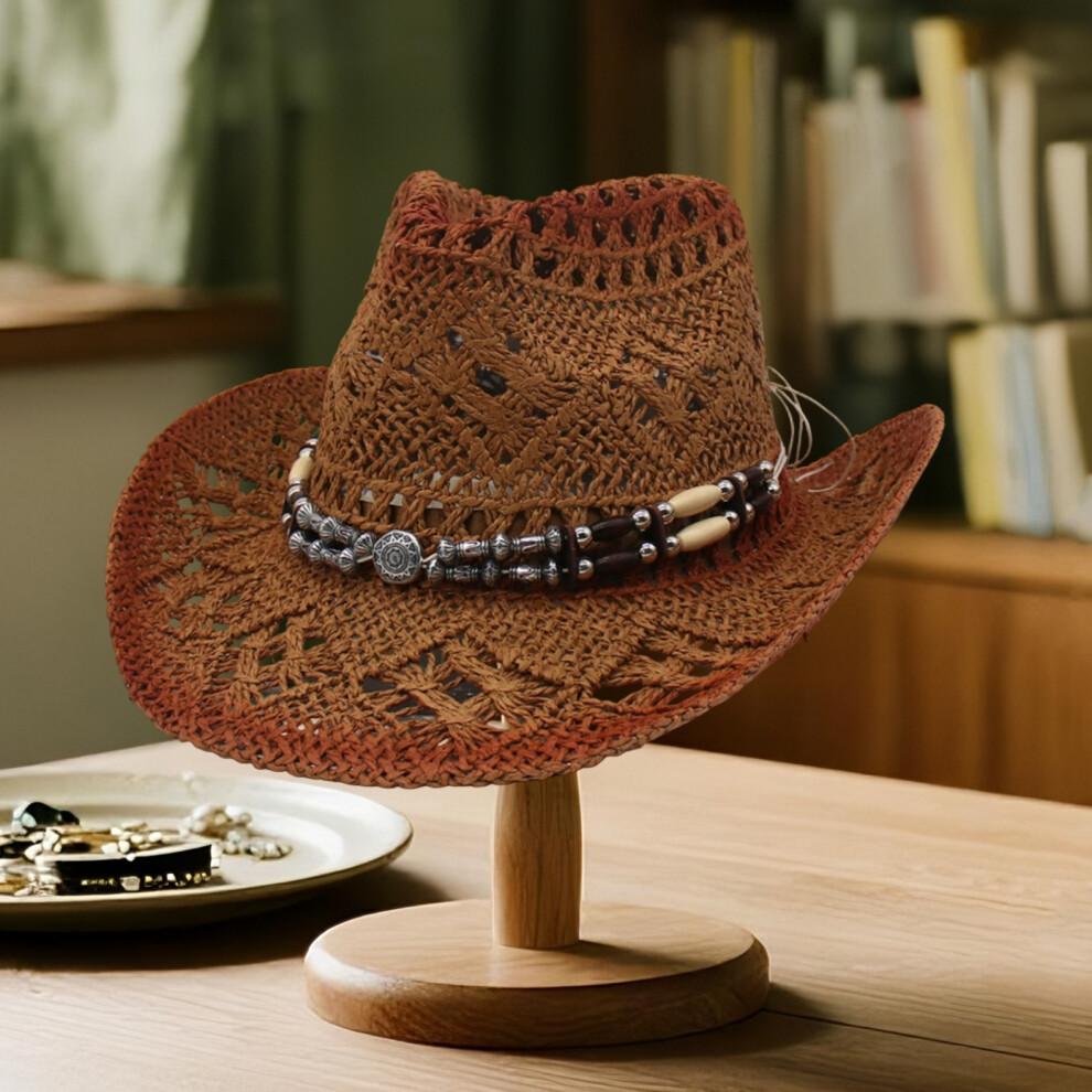 (L, Colorful) Cowgirl Hats for Women Men Outdoor Western Hat Wide Brim Straw Sun Hat with Beaded Ropes