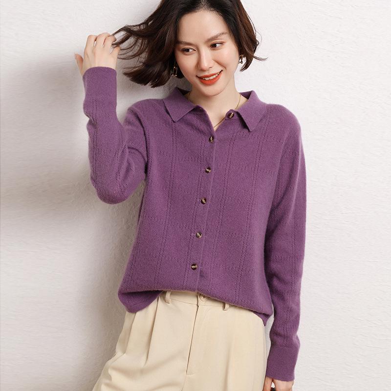 

Women s Hollow-Out Cashmere Cardigan - Turn-Down Collar, Autumn-Winter 2024 Sweater L