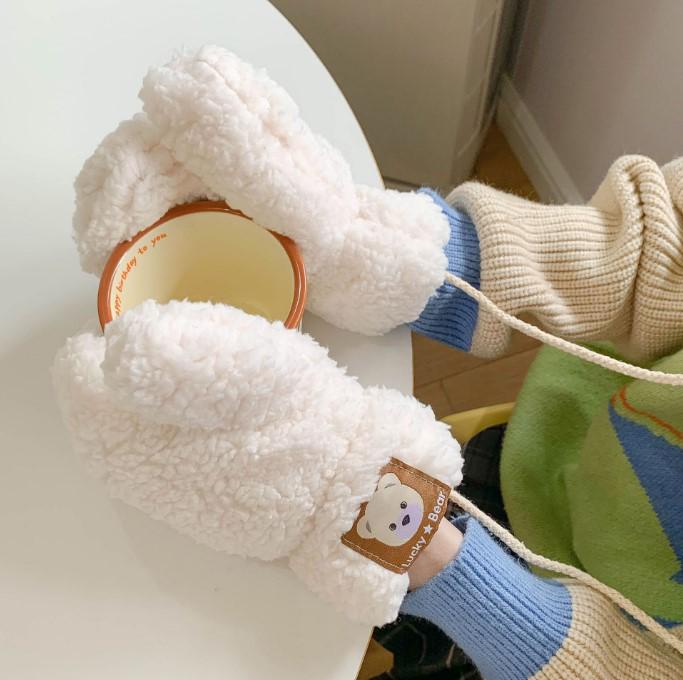 Korean Style Student Winter Mittens: Warm, Windproof, Plush, Hanging Neck, Solid Color Faux Cotton Fluff