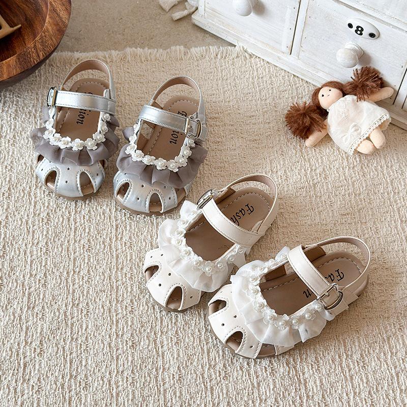 Pearl Princess Korean Style Lace Sandals for Girls - Summer Soft Sole 2026