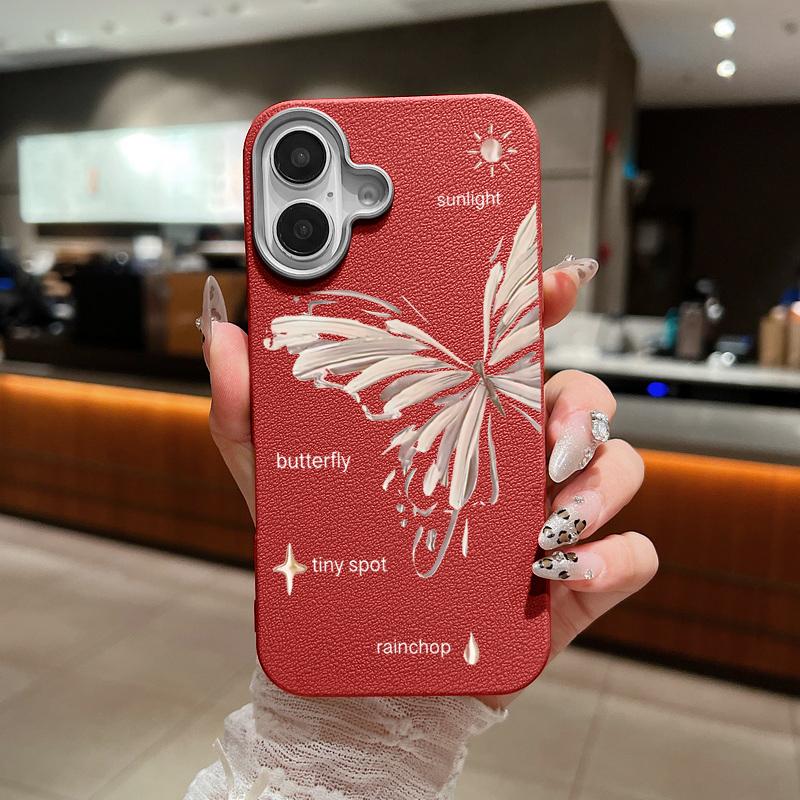 Simple Butterfly Print Shockproof Soft TPU Case For iPhone 16 Pro Max 15 Pro 14 13 12 11 Lens Protection Matte Leather Texture Slim Phone Cover