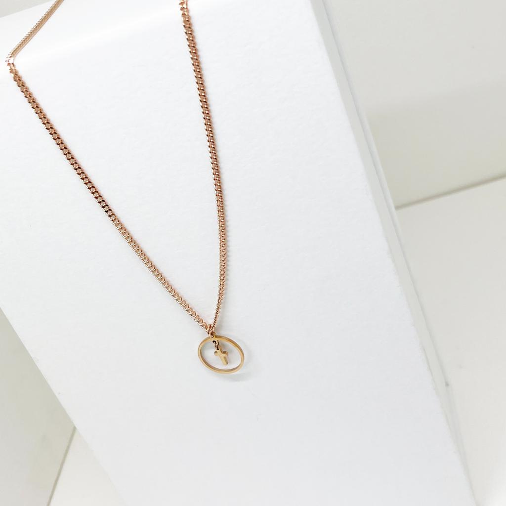 Glory_Arden [Unisex] Surgical Steel Circle Cross Rose Gold Daily Necklace /Ghmn-481