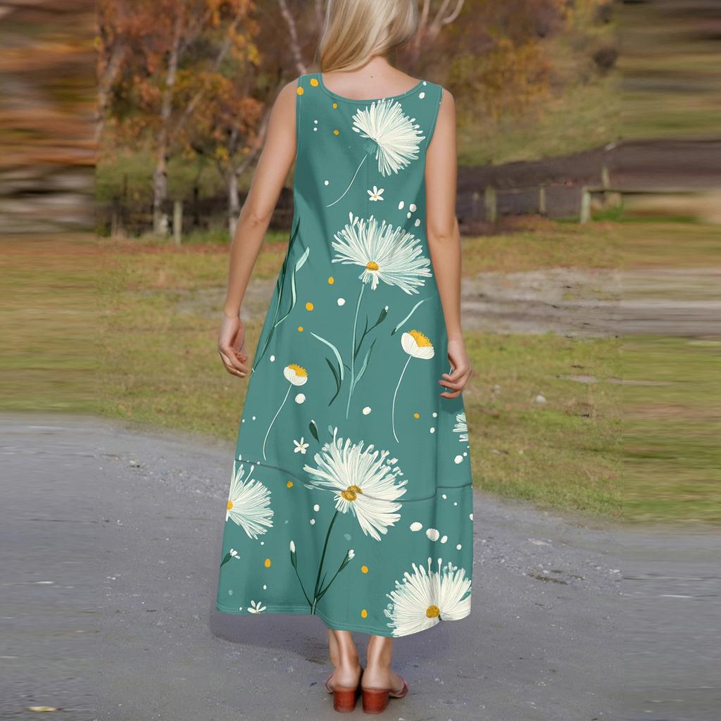 Lässiges bodenlanges Sommerkleid für Damen, Sommer-Strandkleid, Rundhalsausschnitt, ärmellos, lockerer Aufdruck