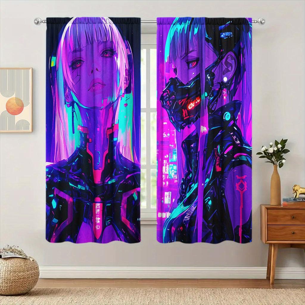 2pcs Cyberpunk Anime Girl Print Curtains – Modern Home Decor for Bedroom   Office   Kitchen   Living Room & Study
