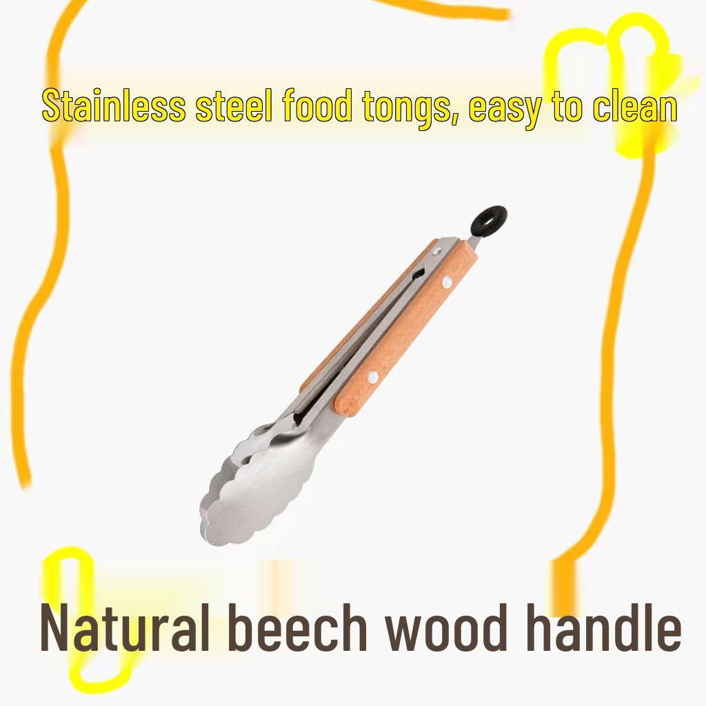 Beechwood-Handled Stainless Steel Food Tongs for Grilling and Serving Steak, Bread, and Cooked Meats.