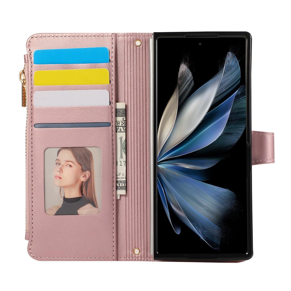 For Samsung Galaxy Z Fold6 5G Case Multi Card Slots Zipper Rhombus Leather Phone Cover with Wrist Strap