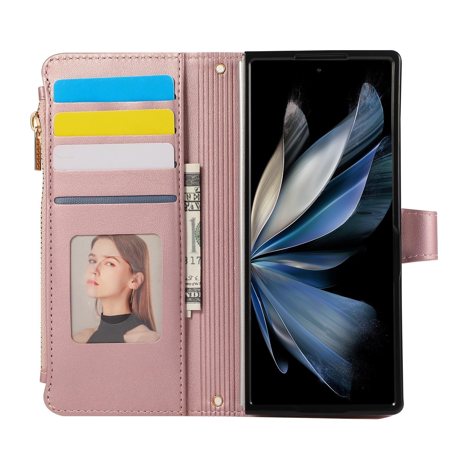 

For Samsung Galaxy Z Fold6 5G Case Multi Card Slots Zipper Rhombus Leather Phone Cover with Wrist Strap Wine Red