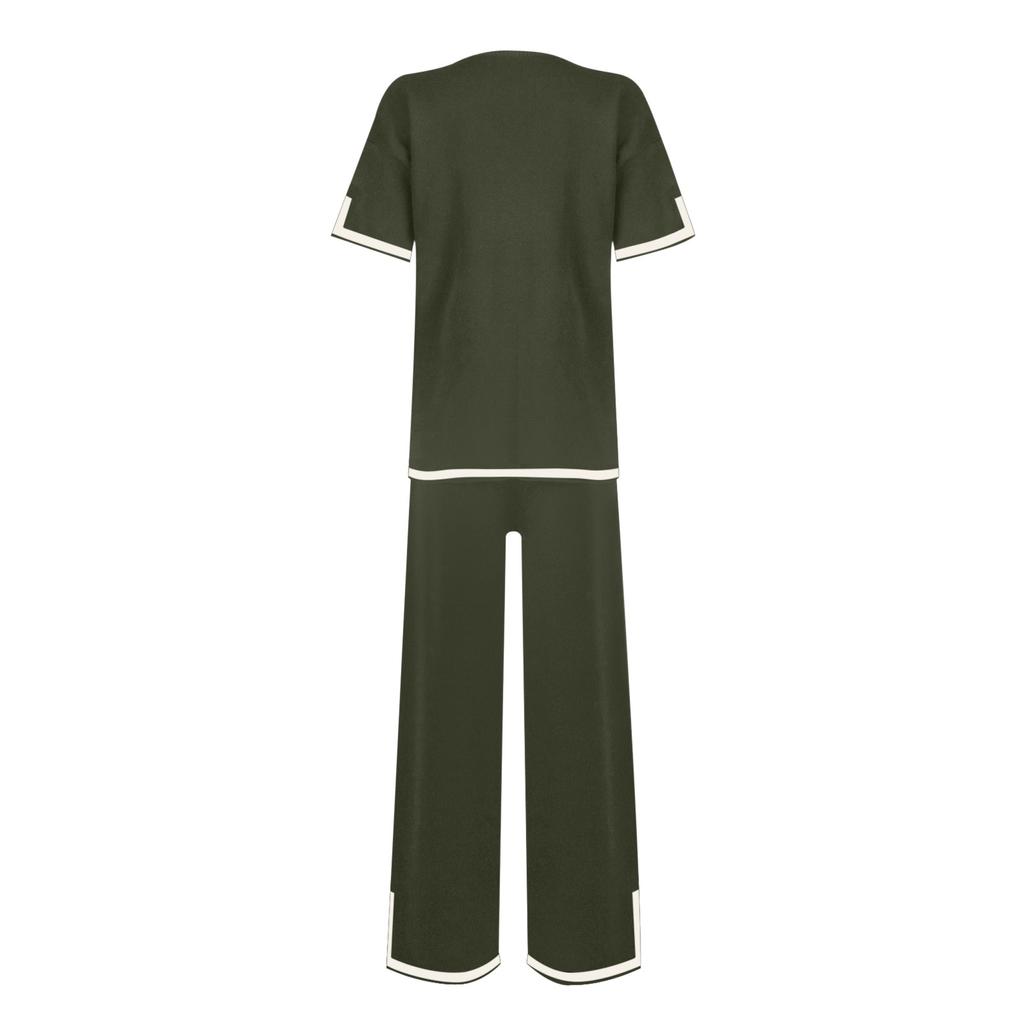 Womens Knit 2 Piece Sweater Sets Short Sleeve Pullover Tops Elastic Waist Wide Leg Pants Women Set