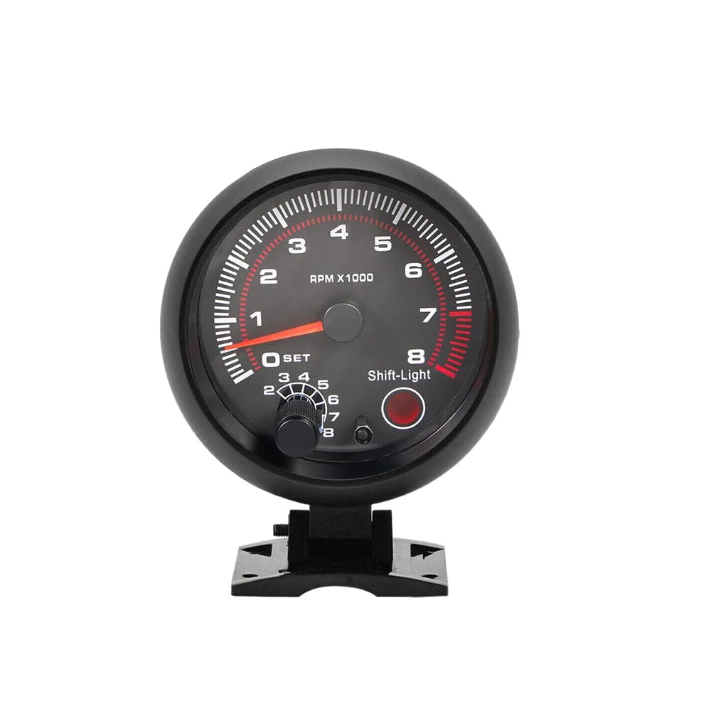 Shkalacar 3.75" Autogage Tachometer - Universal Car Gauge With White Inter Shift Light 0-8000 RPM - Black and White Light Instrument for 12V Petrol