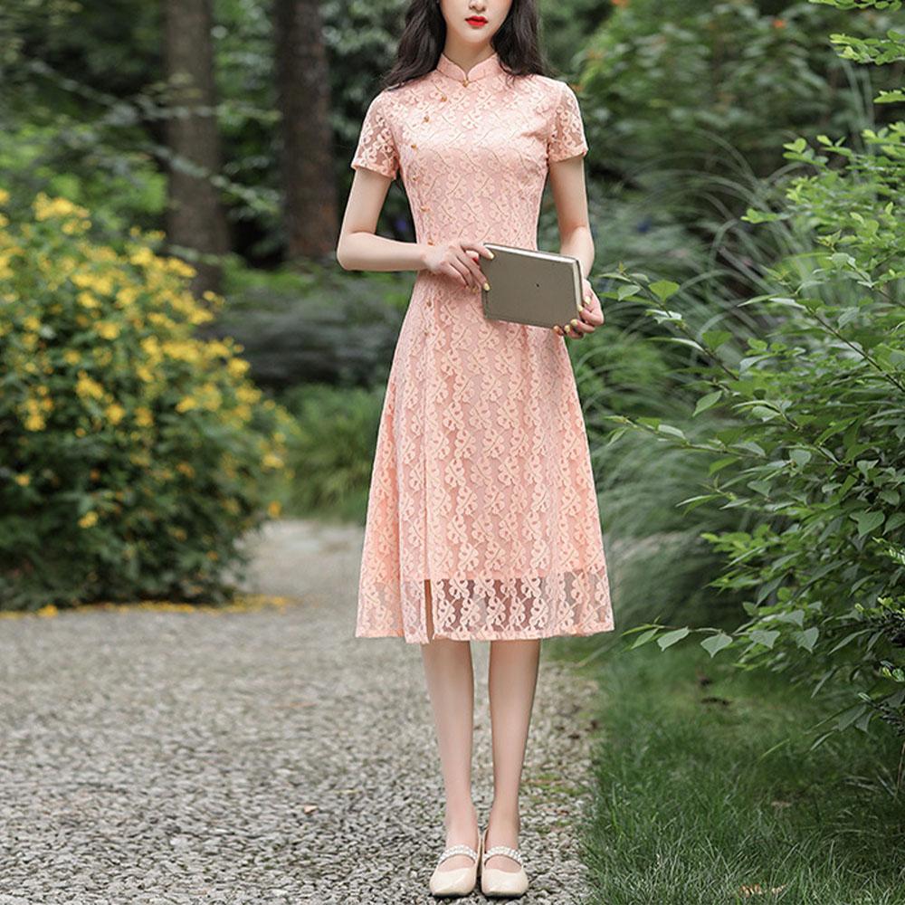 Krajka Středně dlouhá Denní Cheongsam Upravený Nízký výstřih Slim Fit Velká čínská velikost Šaty Ao Dai