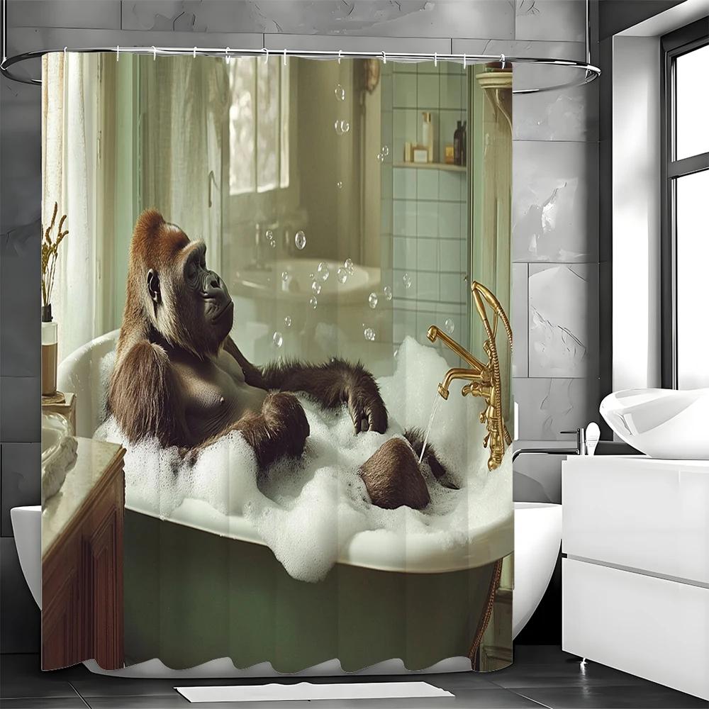 Zábavná sprchová závěs s gorilou koupající se ve vaně, Dekorativní sprchový závěs do koupelny, Vodotěsný sprchový závěs s háčky