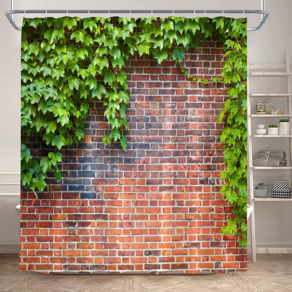 Vintage Brick Wall Green Leaves Shower Curtains Rustic Vine Plant Leaf Grey Stone Polyester Fabric Bathroom Curtain Decorative