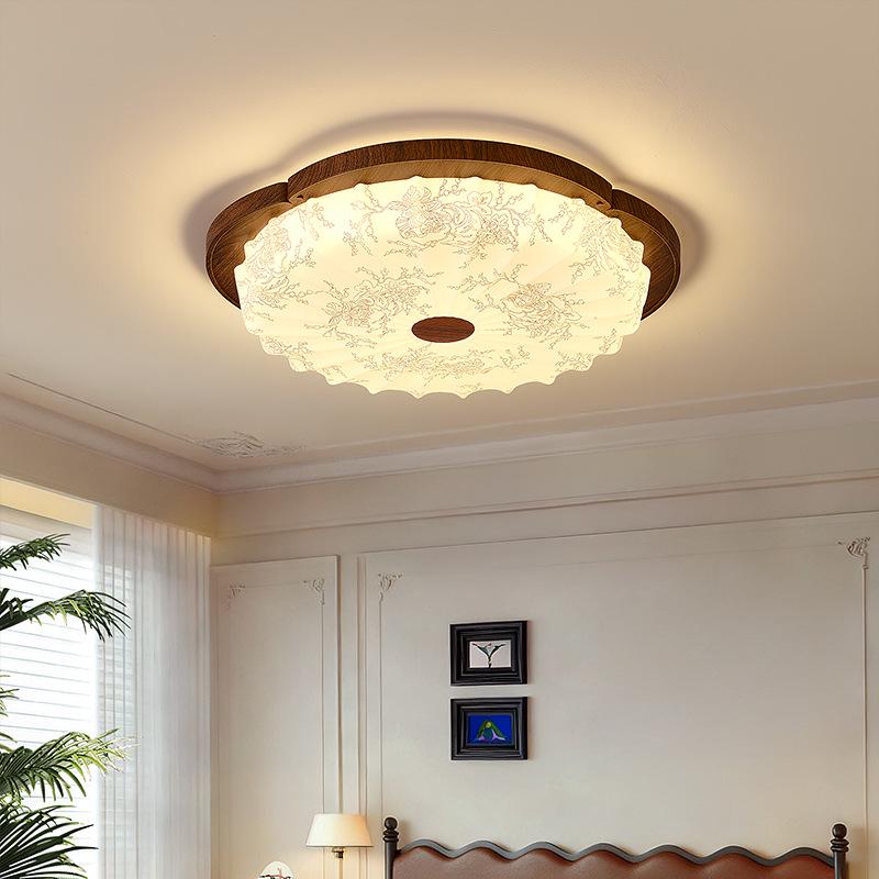 Chinese Style Walnut Wood Grain Ceiling Light for Study or Master Bedroom, Retro Wabi-Sabi Design, Eye Protection