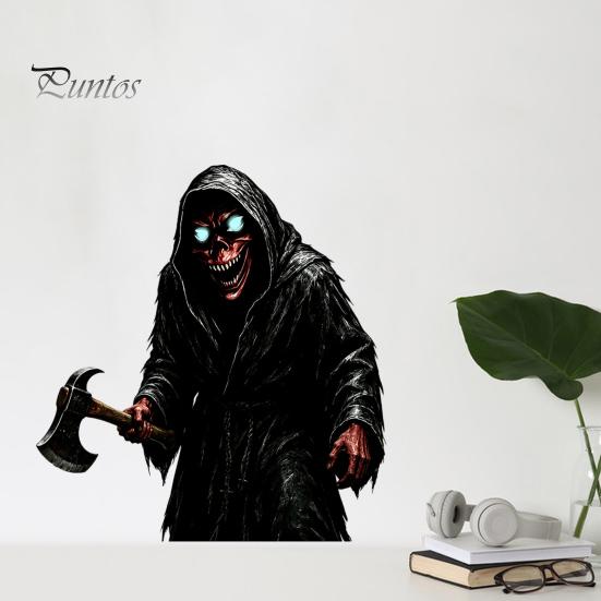 Creepy Ax Man Wall Decor Halloween Reaper Sticker, Scary Black Robed Demon with Decal, DIY Gothic Murals PVC Waterproof Art for Home Window Glass Easy