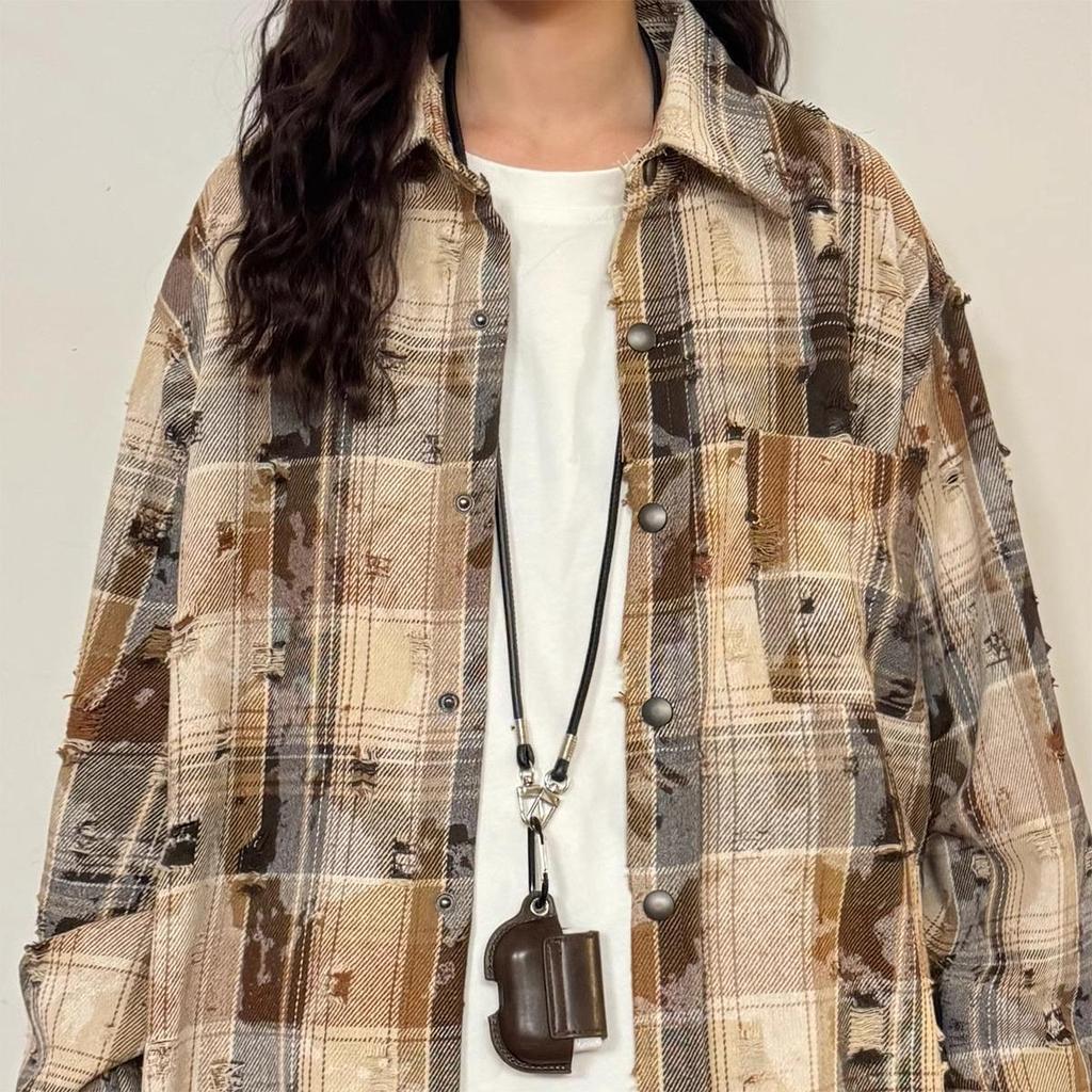 Camicia da Donna Autunno 2025 Retrò Tie-Dye a Quadri a Maniche Lunghe con Quattro Bottoni