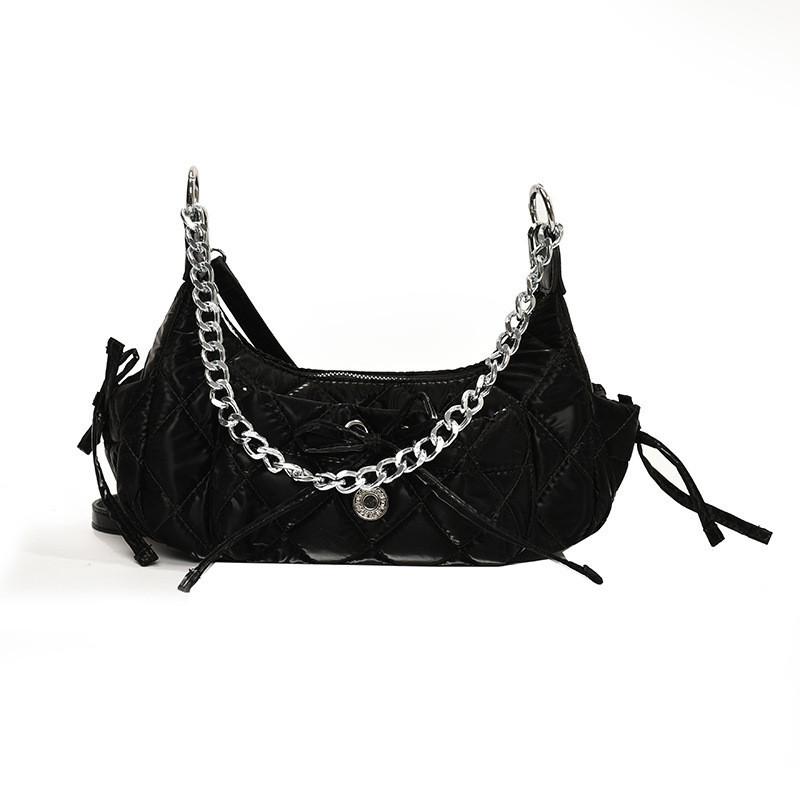 Stylish Medium Size Seashell Shape Saddle Bag With Chain Strap In Black Color