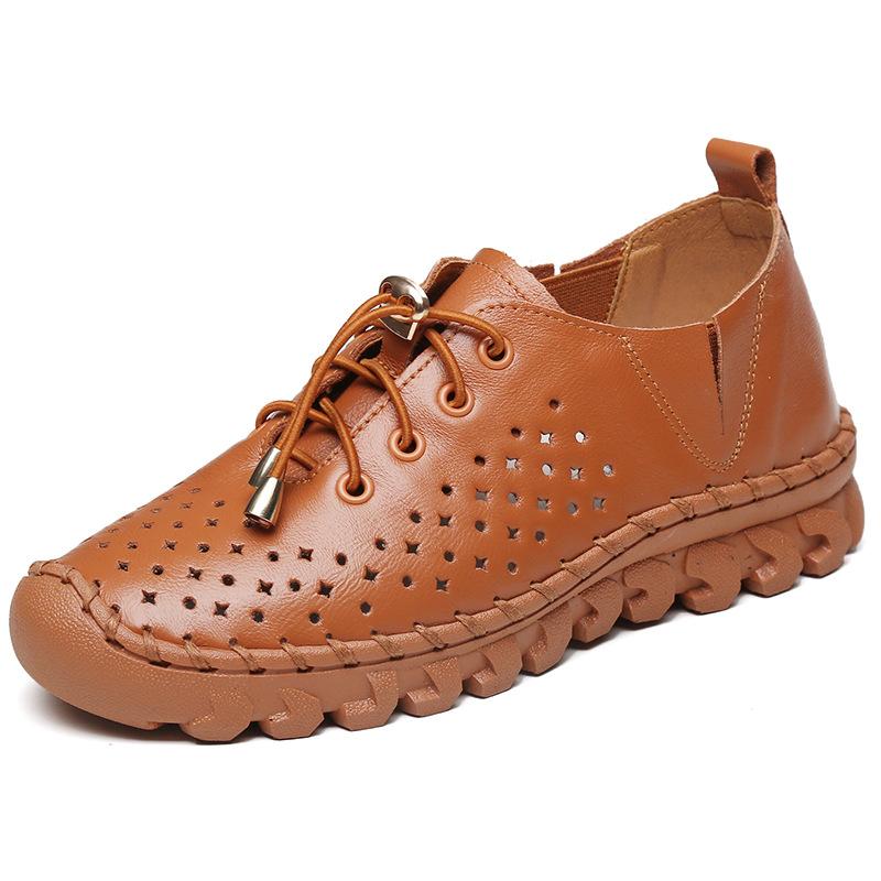 Handmade Genuine Leather Women Shoes Casual Sneakers Hollow Out Flats Ladies Lacing Loafers Breathable Vulcanized Shoe