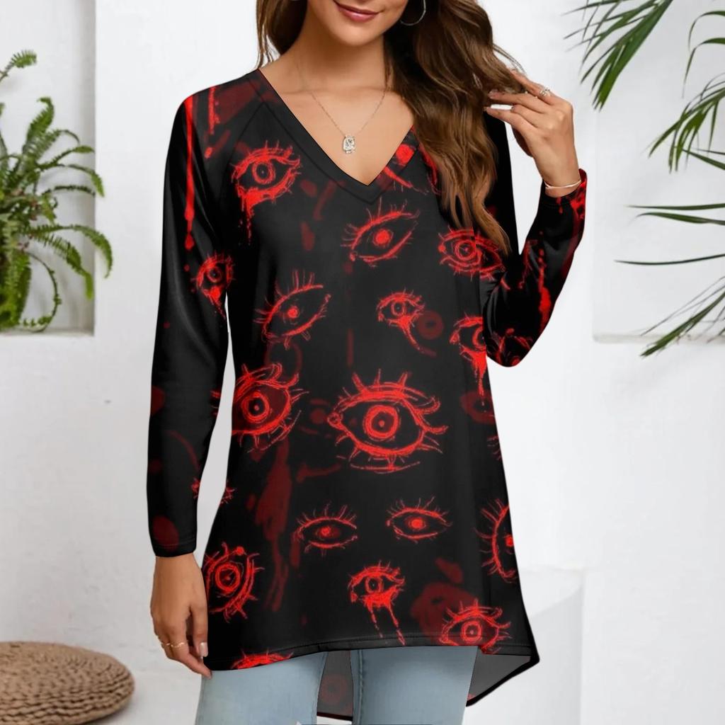 Ladies' Fashionable And Casual Halloween Printed T-shirt Long Sleeved V-neck Mid Length Top