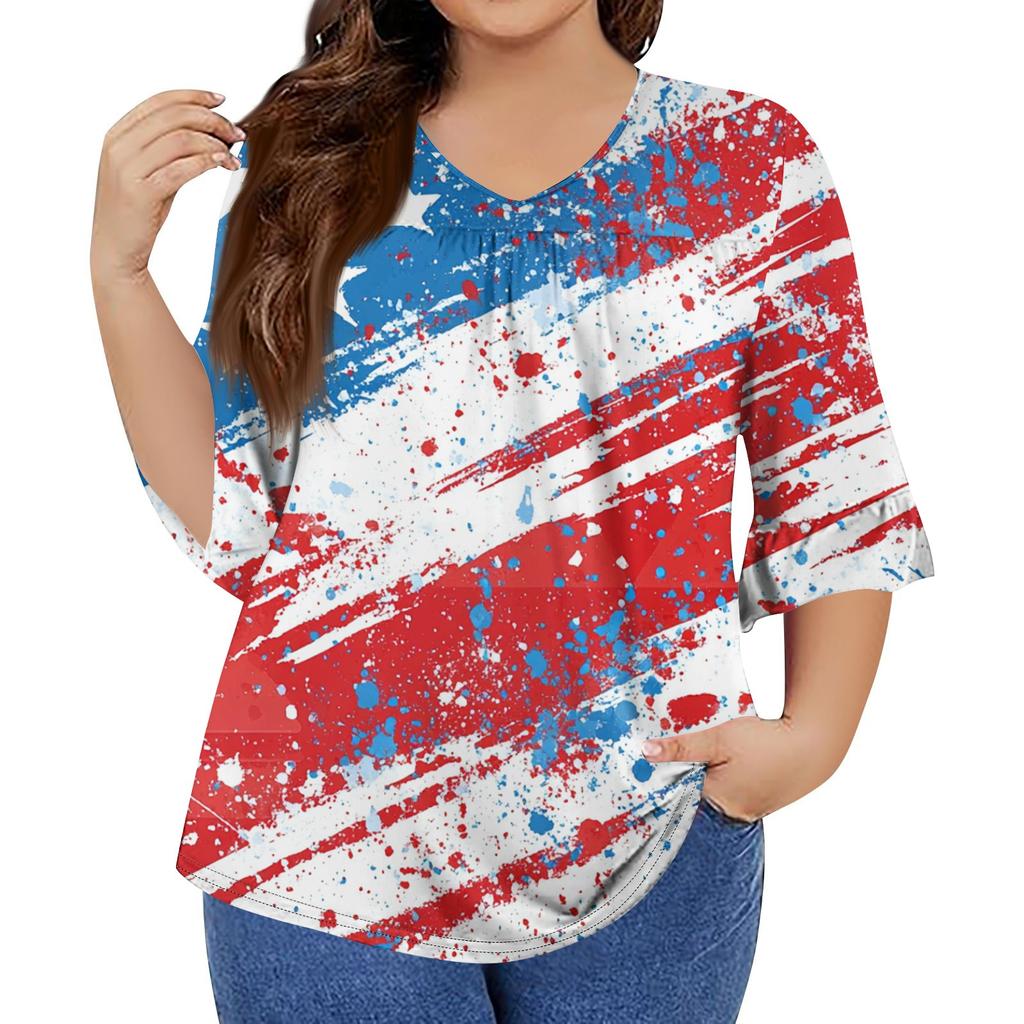 Women's Fashion Casual V-Neck Seven Sleeve Ruffle Sleeve Independence Day Printed T-Shirt Tops Plus Size Women's