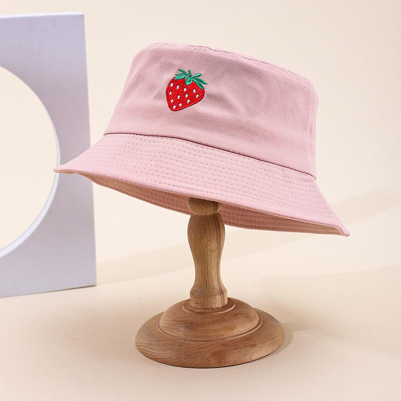 Korean Style Women's Summer Bucket Hat Embroidered Strawberry Casual Foldable Sun Hat for Outdoor Activities