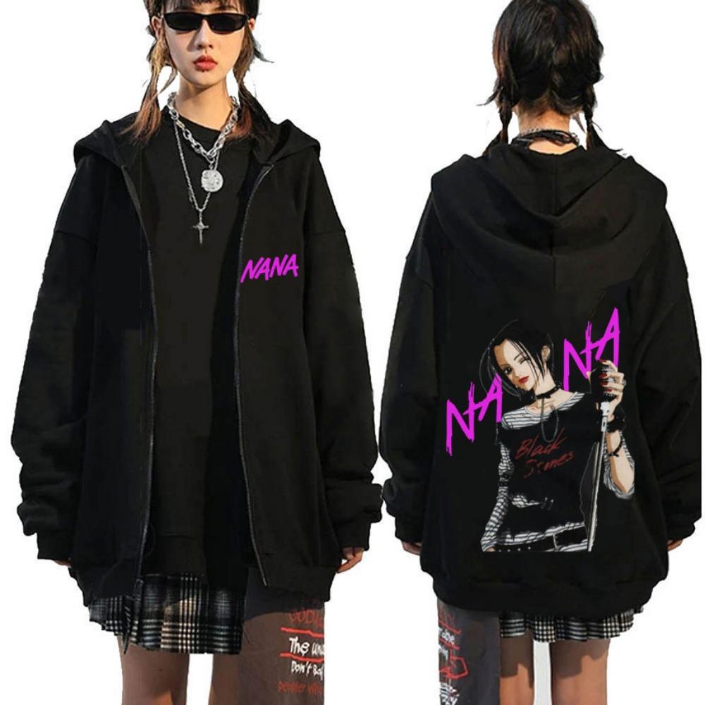 Anime Element Printed Zipper Hoodie Black Stone Zipper Jacket Men's and Women's Manga Casual Long Sleeve Zipper Sweatshirt Street Wear