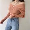 Autumn Winter Off The Shoulder Solid Color Slim Long Sleeve Knitted Tops Women's All Match Chic Sweater