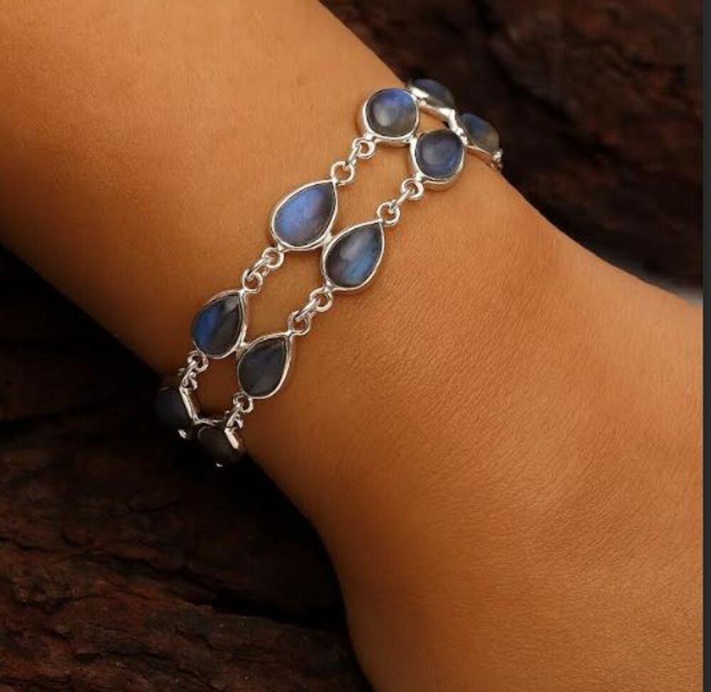 

Браслет из цельного стерлингового серебра 925 пробы с лабрадоритом, ручной работы, подарок с камнем рождения, свадебное украшение, украшение в стиле бохо 7 Inch