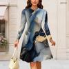 Women Plus Size Long Sleeve Round Neck Blue Gold Printed Gathered Waist A Line Dress