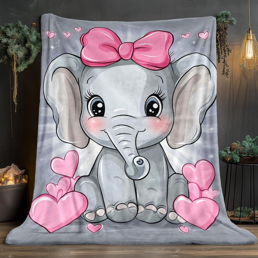 Cute Elephant with Pink Bow Heart Pattern Fleece Blanket Soft Flannel Throw Blanket for Kids Girls Bedroom Decor Cozy WarmWinter