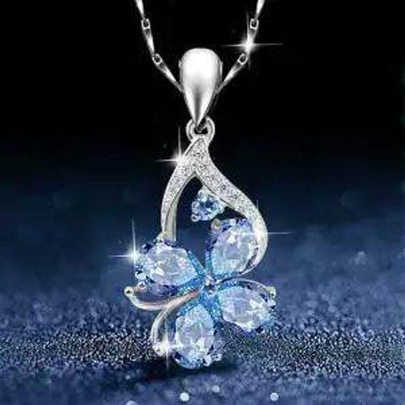 Fashion Blue Crystal Pendant Gem Silver Plated Four-Leaf Clover Four-Leaf Clover+Necklace+Gift Box