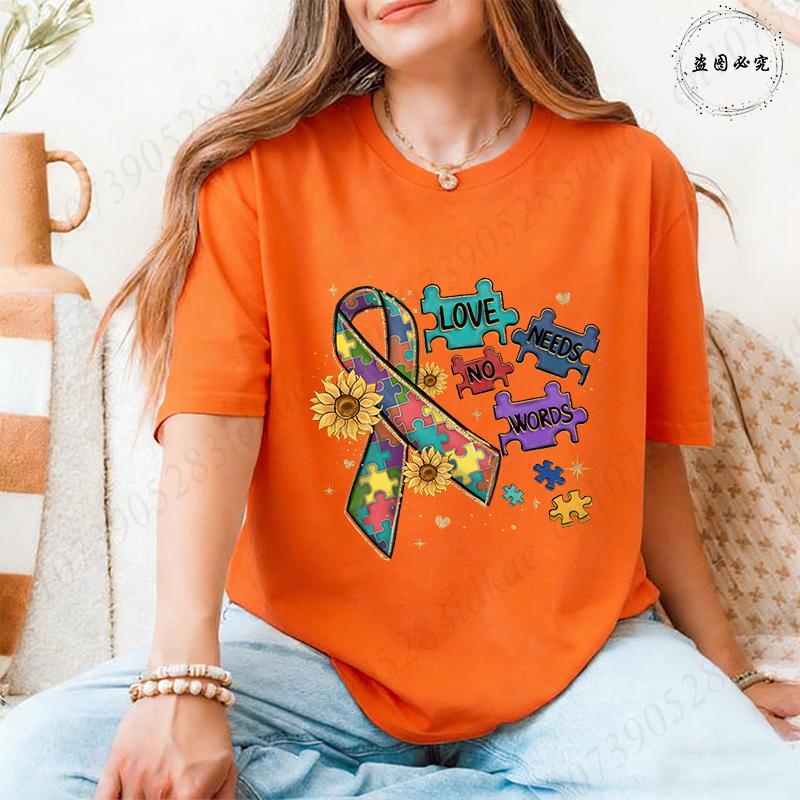 

Autism Awareness Women Top Love Needs No Words Puzzle Graphic Tshirts O Neck Short Sleeve Summer Oversized FeUnisex Clothes 4XL
