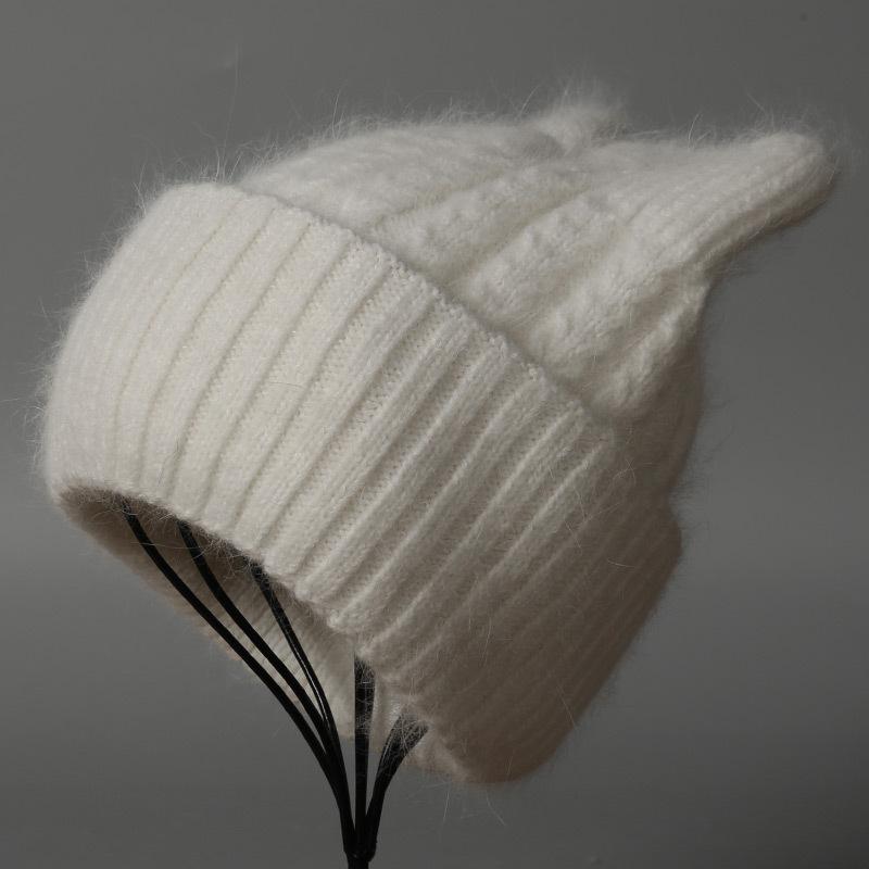 Angora rabbit fur hat autumn and winter knitted plush cat ear shape warm cute ladies casual hat
