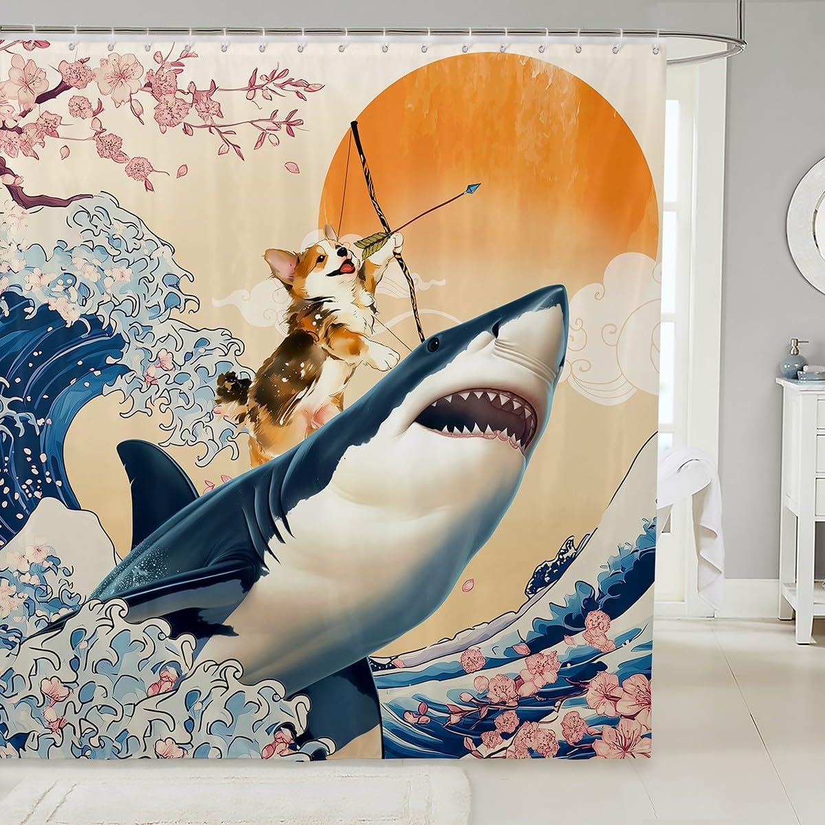 

Kids Funny Waterproof Bathroom Curtain For Bathroom Corgi Riding Bear Bath Curtain, Japanese Style Shower Curtain Oriental W60H190(CM)-1 Pcs
