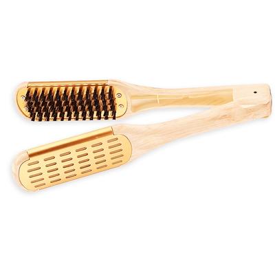 ONE-K Twin Brush Straightening Brush, Wood-Style Pig Bristle, Travel Straightening Comb, Compact Size, Frizzy Hair Brush for Men and Women (Gold)