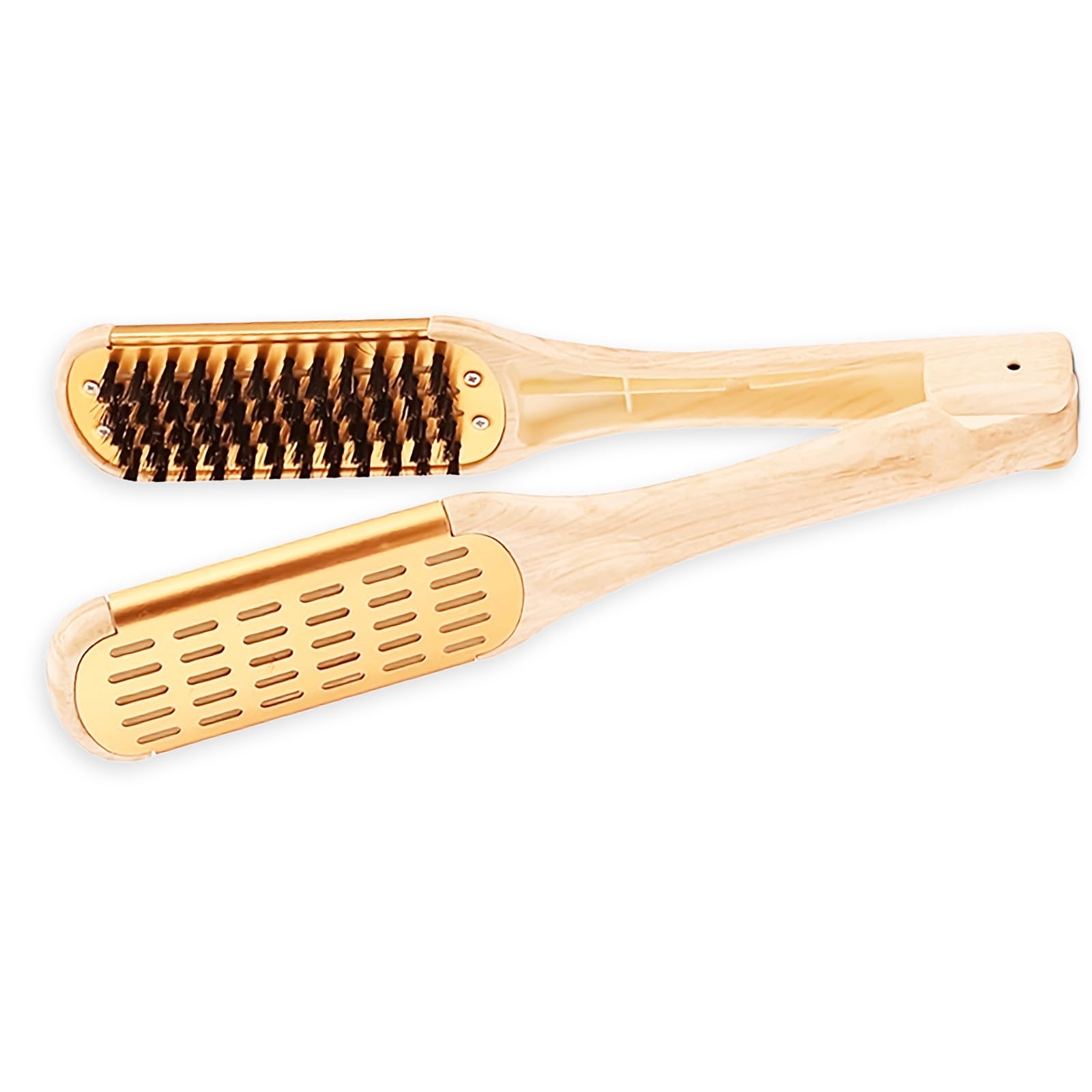 

ONE-K Twin Brush Straightening Brush, Wood-Style Pig Bristle, Travel Straightening Comb, Compact Size, Frizzy Hair Brush for Men and Women (Gold)