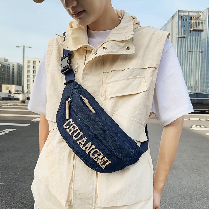 Women's Denim Chest Bag Letter Crossbody Bag Waist Bag Men's Large Capacity Sports Bag