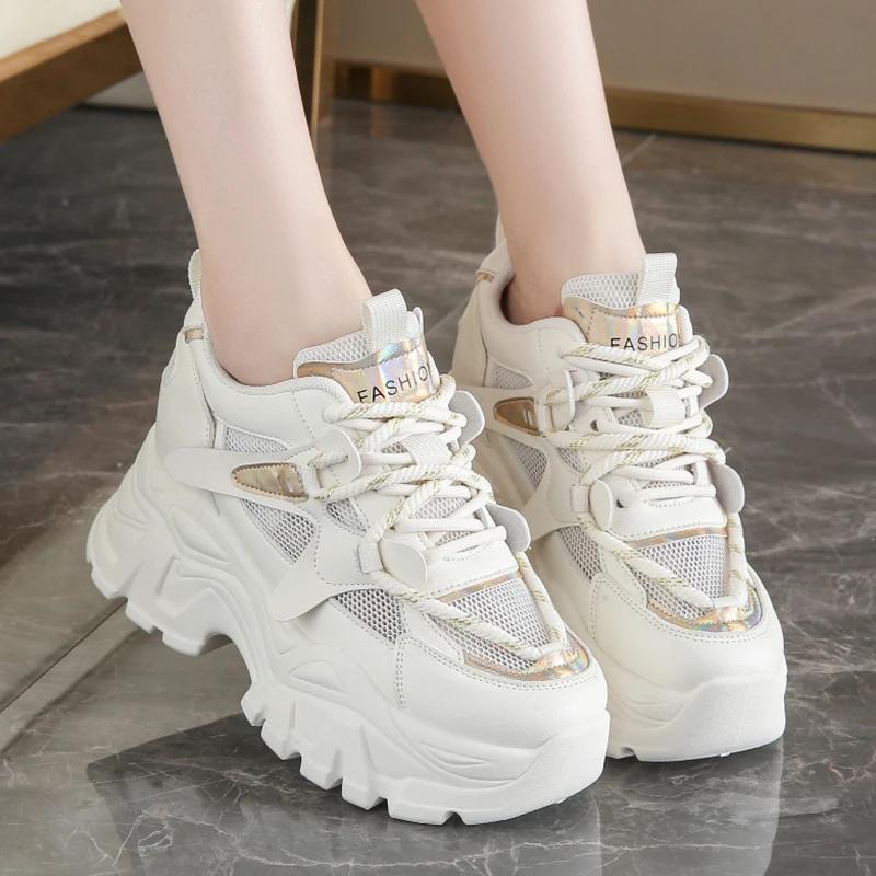 Fashion Breathable Mesh Chunky Sneakers for Women 2025 Spring Fashion White Platform Sports Shoes Woman Comfort Thick Sole Walking Shoes