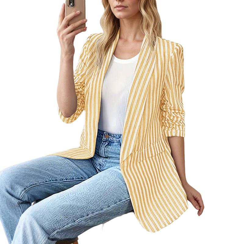 

ZANZEA Женский повседневный кардиган-блейзер с отложным воротником, длинным рукавом и принтом в тонкую полоску 5XL жёлтый