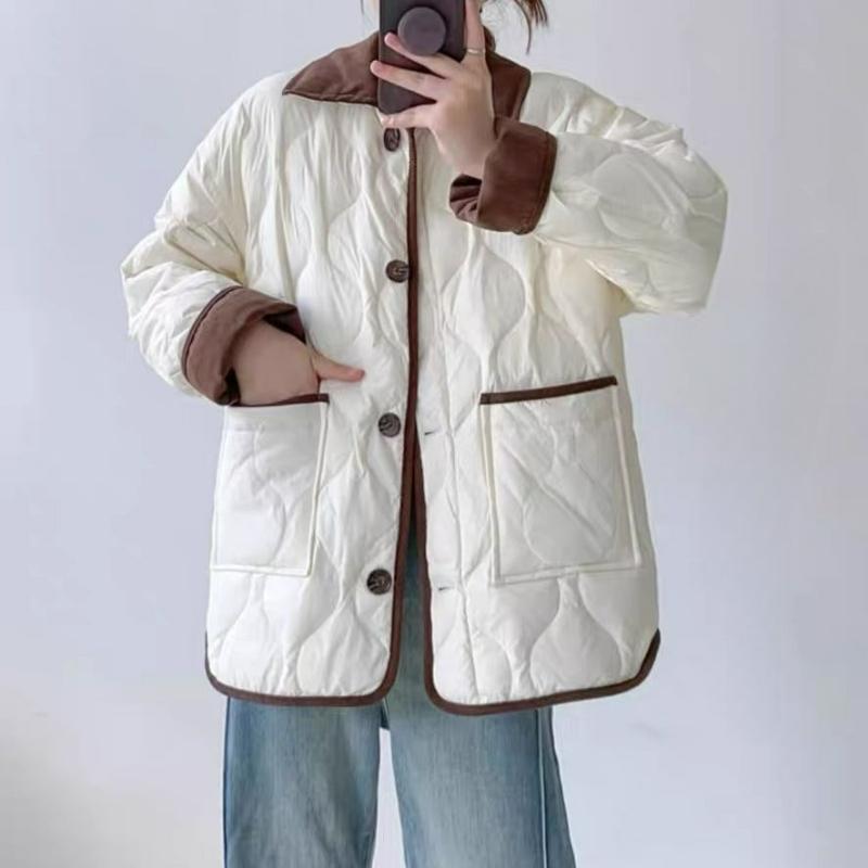 Cotton Women's Short Contrast Color Trendy Design Lapel Contrast Color Rhombus Winter Jacket Is Light and Thin