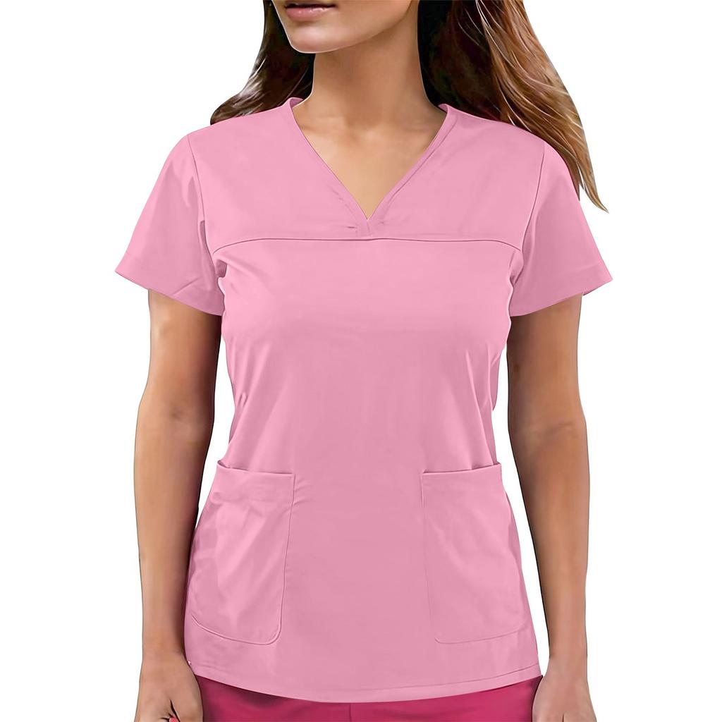 Top de uniforme de cuidador de manga corta con cuello en V de color para mujer con bolsillos de color
