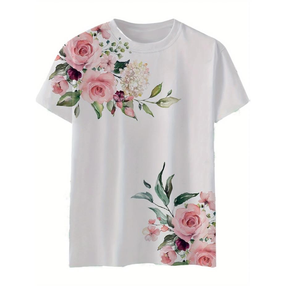 Dámské ležérní tričko s krátkým rukávem - Rozmarný květinový potisk spících a ptáků, top s kulatým výstřihem, jaro léto podzim, hravé grafické tričko na spaní