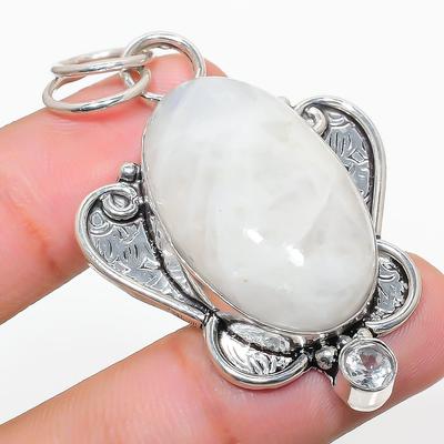 Natural Rainbow Moonstone, White Topaz 925 Sterling Silver Pendant 2.13" Z7D03