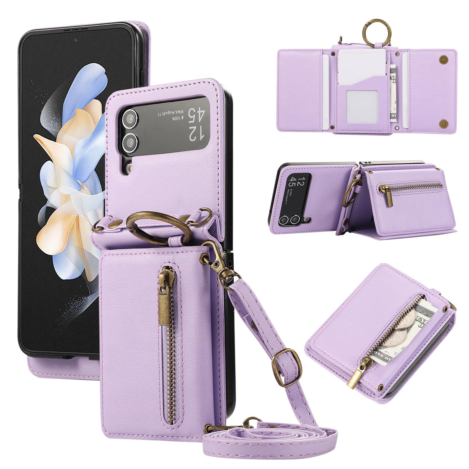 

Lanyard Ring Holder Zipper Cards Solt Wallet Leather Case For Samsung Galaxy Z Flip 7 6 5 4 3 Triple Fold Stand Crossbody Cover For Z Flip 7FE фіолетовий