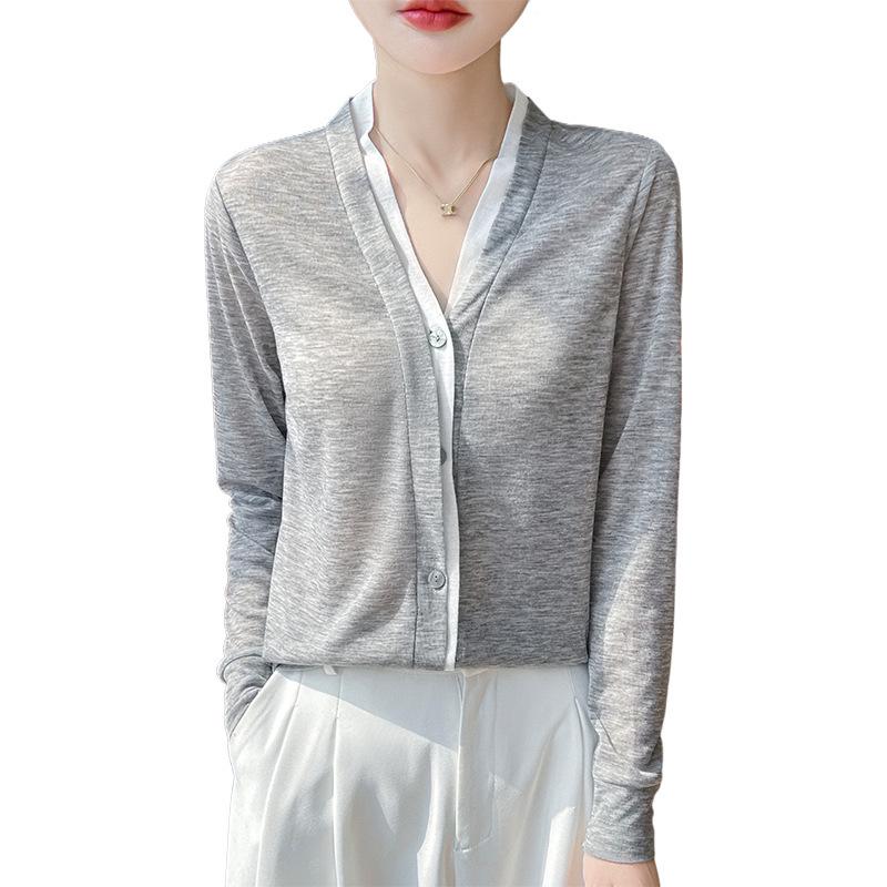 2025 Spring/Summer Colorblock V-Neck Fine-Knit Cardigan – Long Sleeve, Loose Fit, Versatile Two-Piece Top