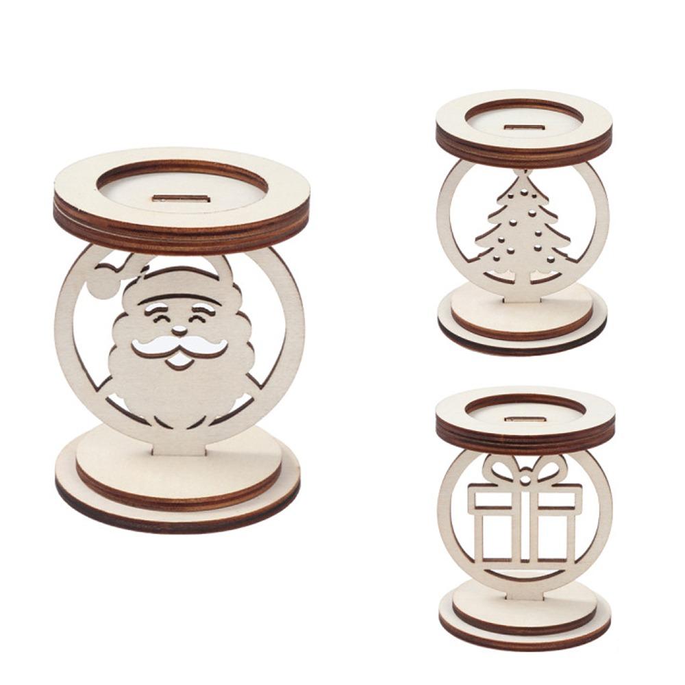 3Pcs Bell Pattern Wooden Christmas Candle Holder Xmas Table Candlestick Living Room